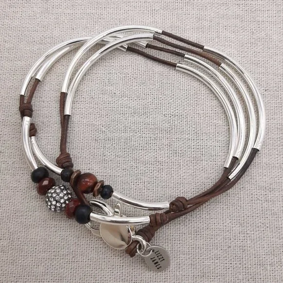 Lizzy James Brown Leather Silver Cat's Eye Gemstone Rhinestone Wrap Bracelet - Picture 2 of 5